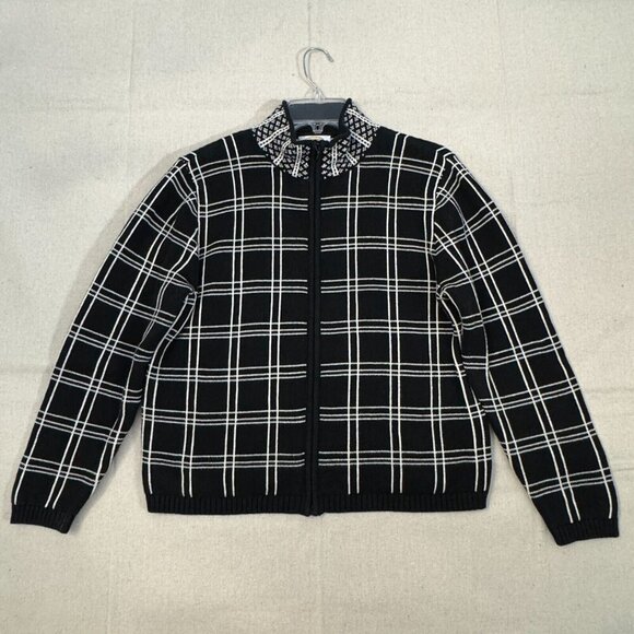 Talbots Black & White Windowpane Plaid Zip Front Sweater Embellished Collar LP - Picture 1 of 13